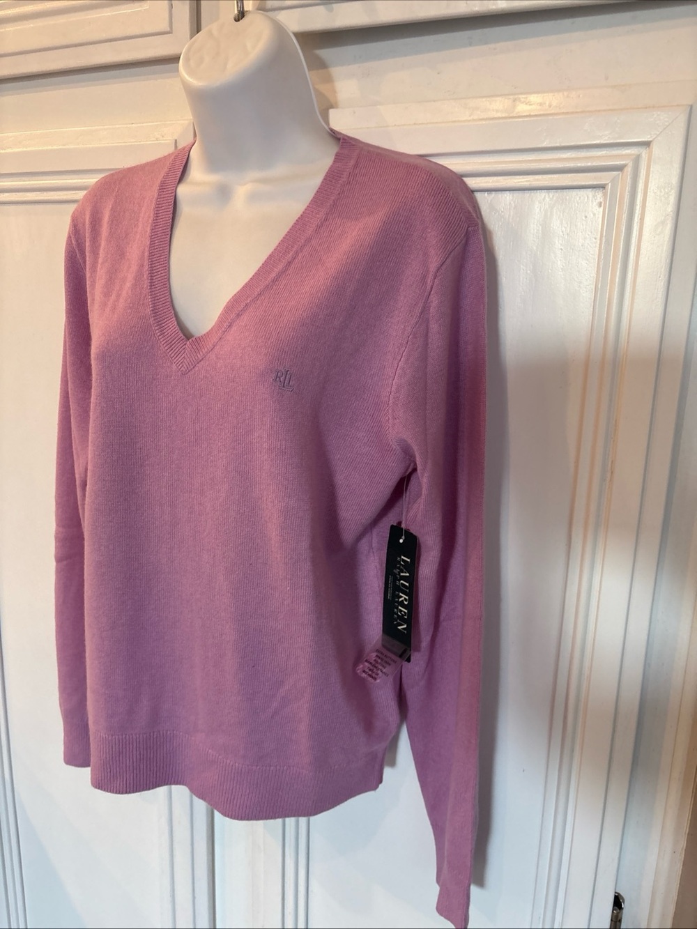 NWT Vintage Lauren Ralph Lauren Women's Silk Cashmere V Neck Pink Sweater Sz L